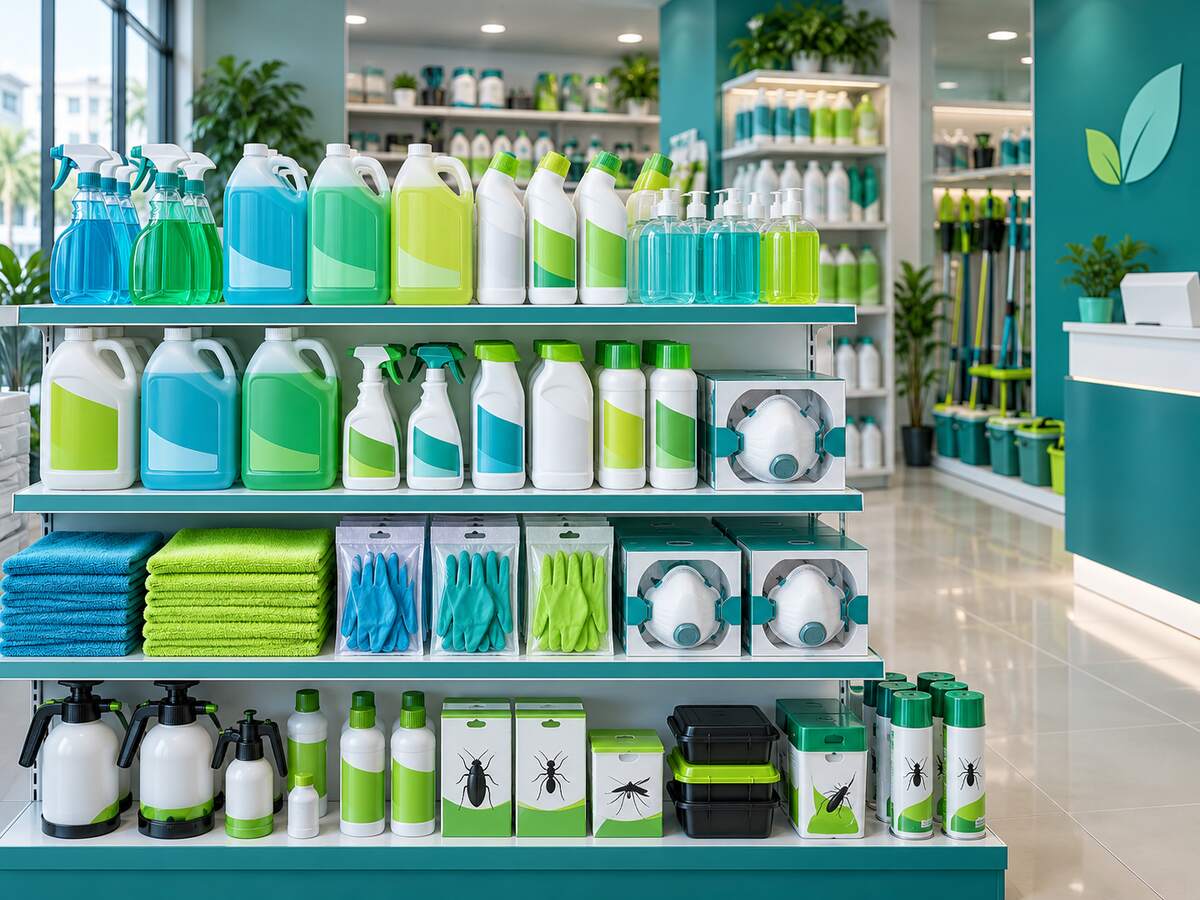 Sealed cleaning and pest-control products arranged in a retail store